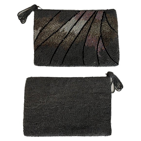 RARE gray+gold+black beaded Art Deco evening clutch handbag w/zipper tassel - Picture 2 of 6